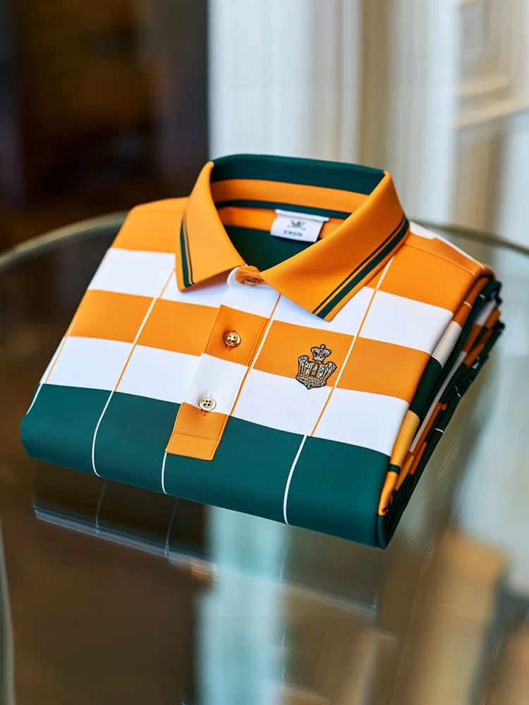 Men's Classic Business Check Logo Button Short Sleeve Polo Shirt